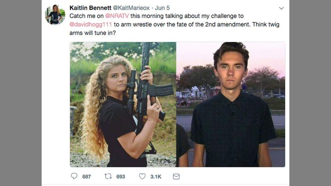 Kaitlin Bennett, a Kent State University graduate who found Internet fame by carrying an AR-10 around campus after graduation, has challenged Parkland shooting survivor and gun control advocate David Hogg to an arm wrestling match.