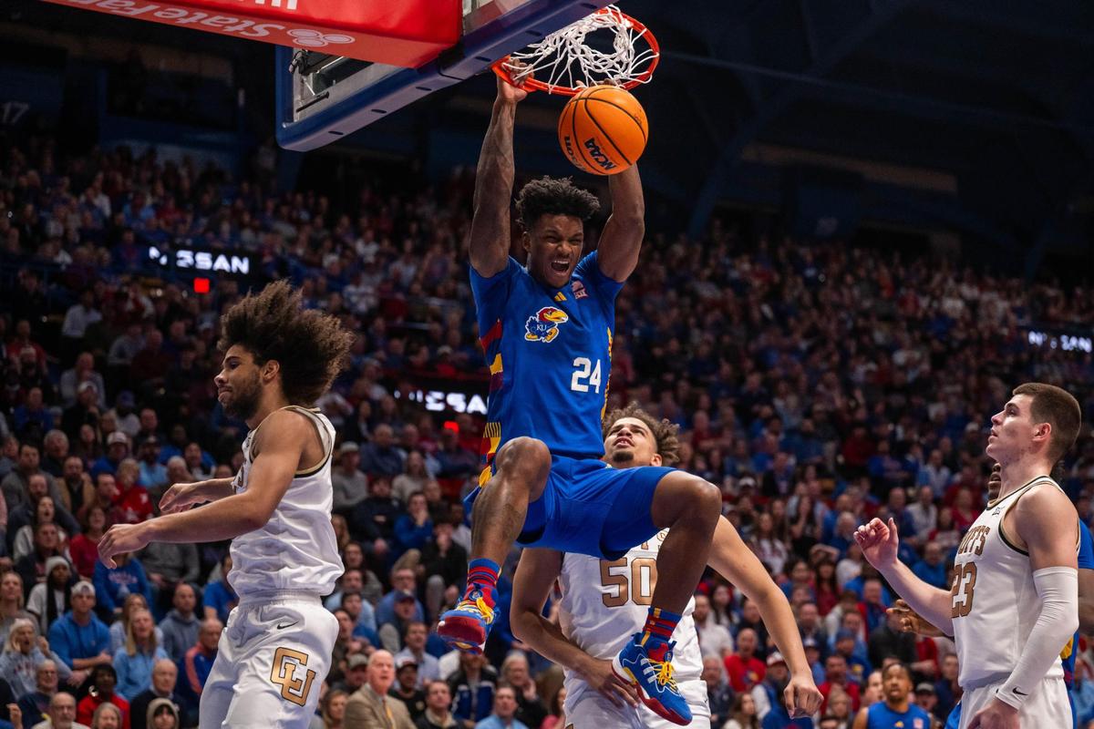 Kansas Jayhawks forward KJ Adams with a massive slam in first half of the Jayhawks game vs. the Colorado Buffaloes on Tuesday, Feb. 11, 2025, at Allen Fieldhouse.