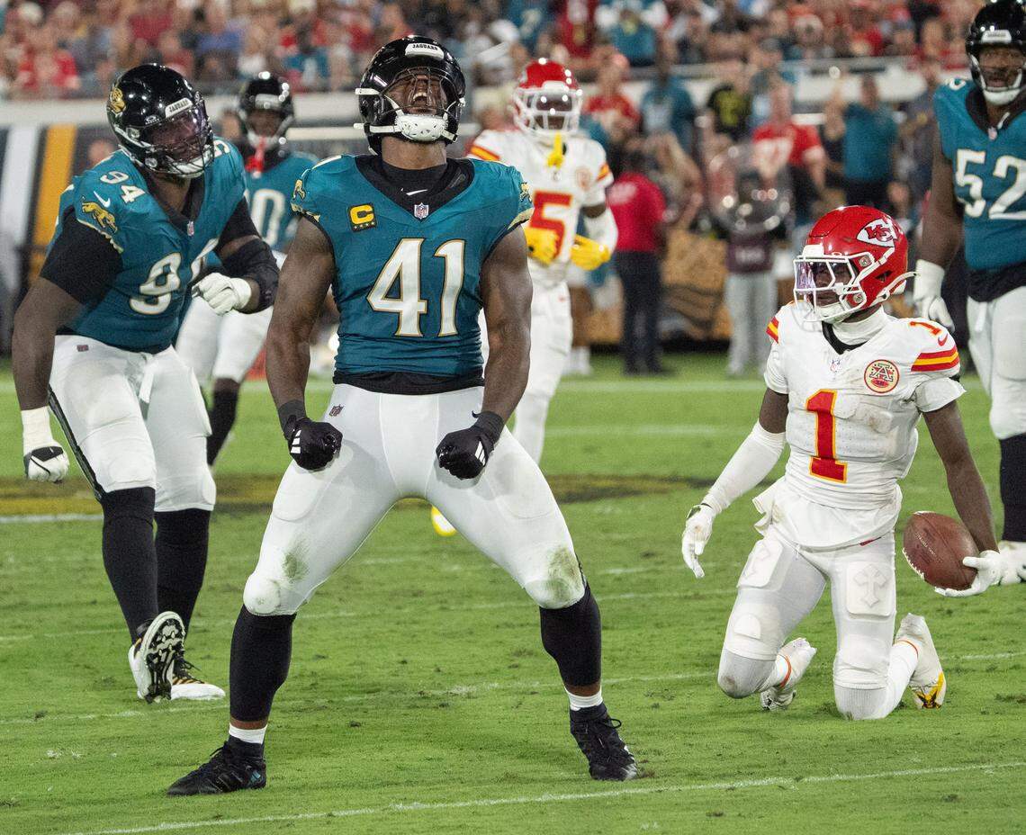 Jaguars defensive end Josh Hines-Allen (No. 41) celebrates his tackle of Kansas City Chiefs wide receiver Xavier Worthy during an NFL game against at EverBank Stadium in Jacksonville, Florida, on Monday, Oct. 6, 2025.