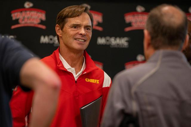 Kansas City Chiefs president Mark Donovan speaks to reporters after a press conference during training camp in St. Joseph on Monday, July 25, 2022.