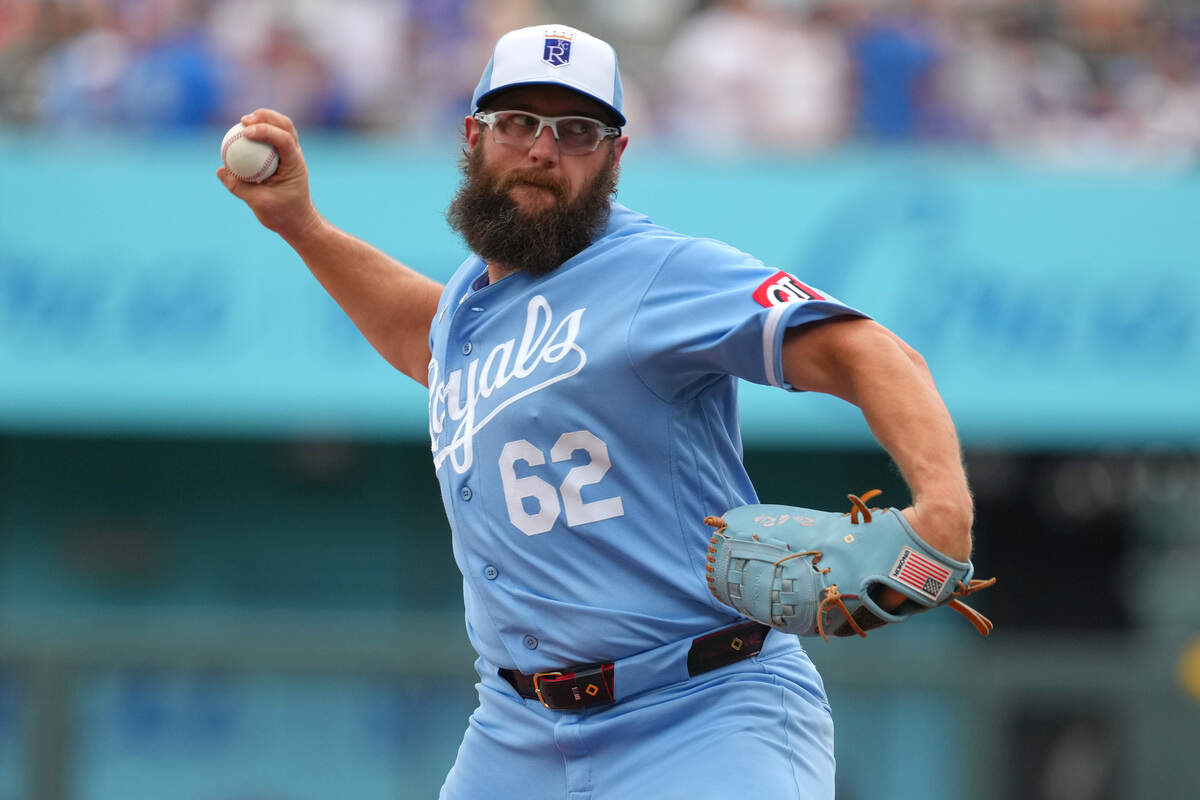 KANSAS CITY, MISSOURI - JULY 18: Randy Dobnak #62 of the Kansas City Royals throws in the first inning against the San Diego Padres at Kauffman Stadium on July 18, 2026 in Kansas City, Missouri. (Photo by Ed Zurga/Getty Images)