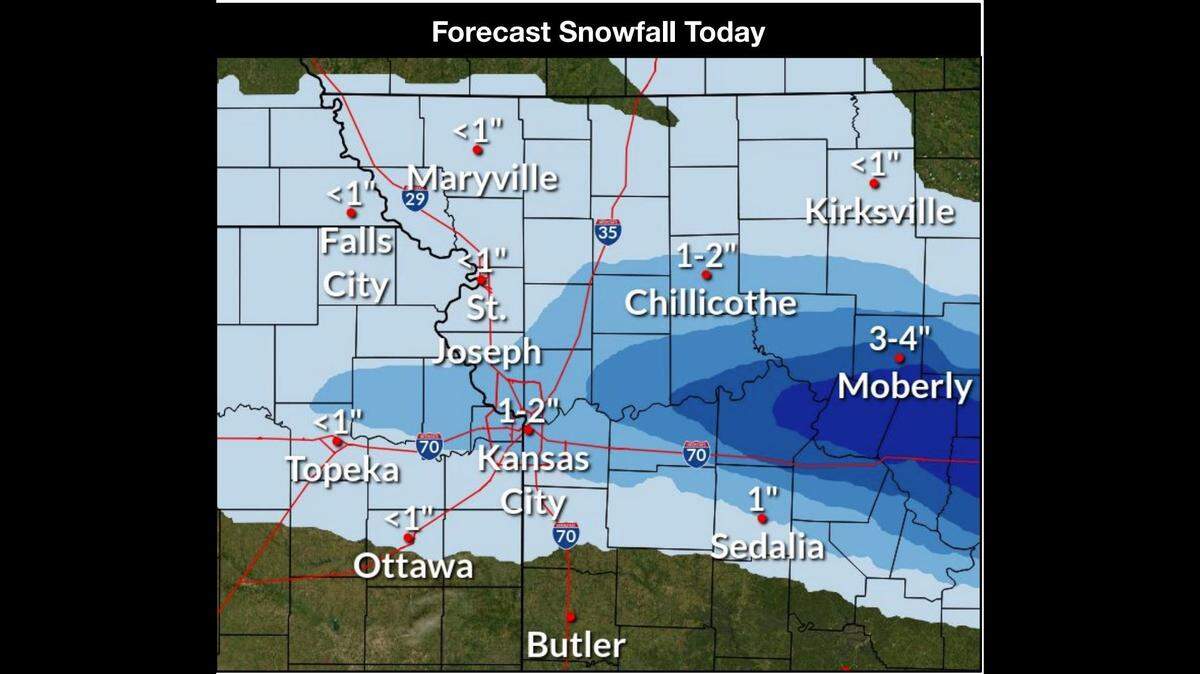 A fast-moving winter storm will likely dump up to two inches of snow in the Kansas City metro area on Saturday, according to the National Weather Service. Areas east of metro along Interstate 70 will see as much as five inches of snow.