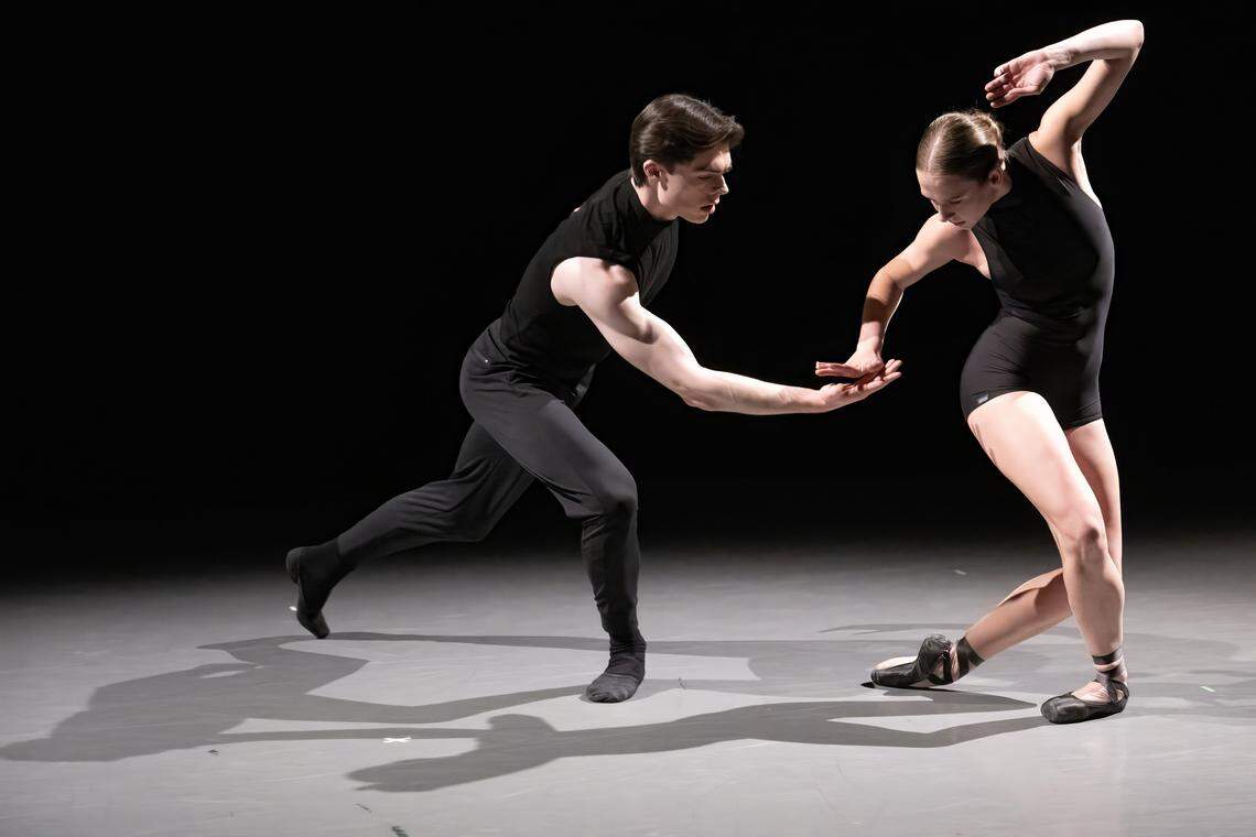 Kansas City Ballet Dancers Aidan Duffy and Amelia Meissner perform in “A Wish of Love Was What it Was,” during the dress rehearsal for “New Moves,” the latest production from Kansas City Ballet on Wednesday, Jan. 27, 2026, in Kansas City. 