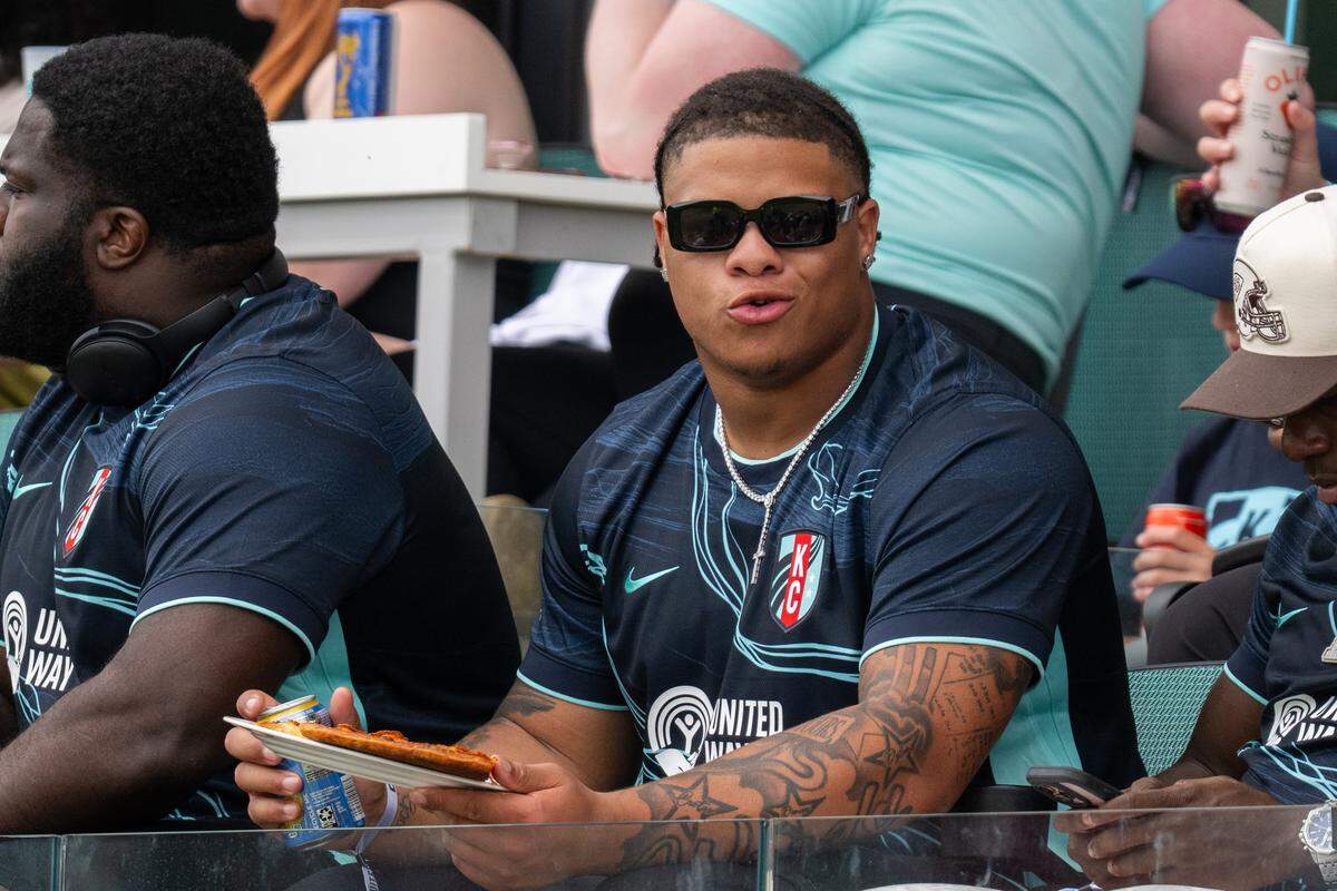 Chiefs rookie Peter Woods watches the KC Current’s 1-0 win against Boston Legacy FC on Saturday, May 30, 2026, at CPKC Stadium in Kansas City.