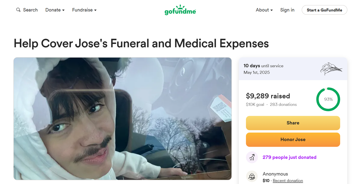A screenshot of the GoFundMe post for Jose Placensia Castañeda.