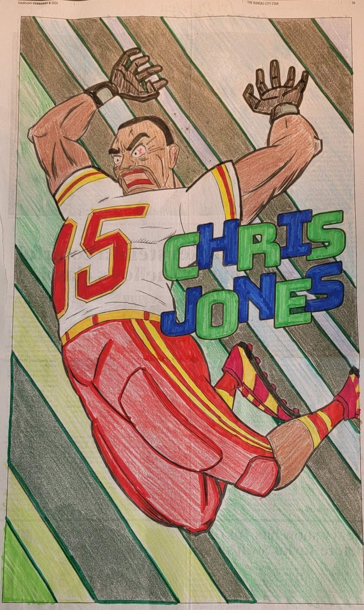 Julie Stasi captures the intensity of Chris Jones’ defense, complete with bulging red eyes and furrowed brows.