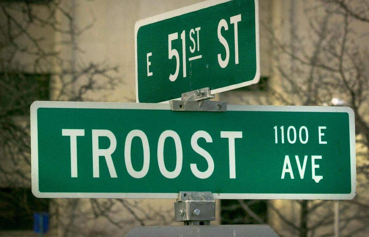 Troost Avenue street sign in Kansas City.