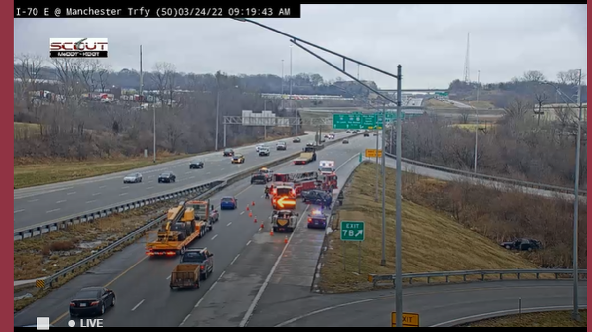 Authorities and emergency crews respond to a two-vehicle crash on east Interstate 70 near Manchester Trafficway on Thursday morning.