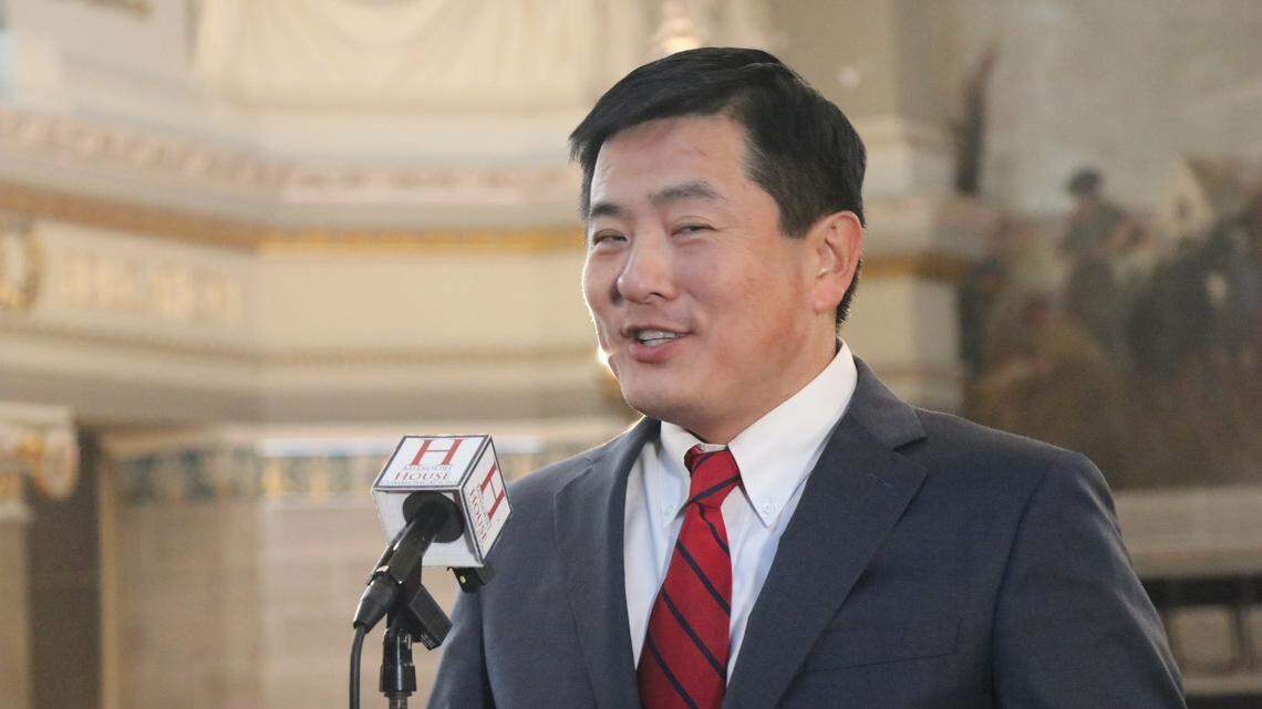Missouri House Speaker Jon Patterson, a Lee’s Summit Republican, speaks with reporters about a proposed reform of Missouri’s tax structure at a March 12 press conference in the Missouri Capitol.