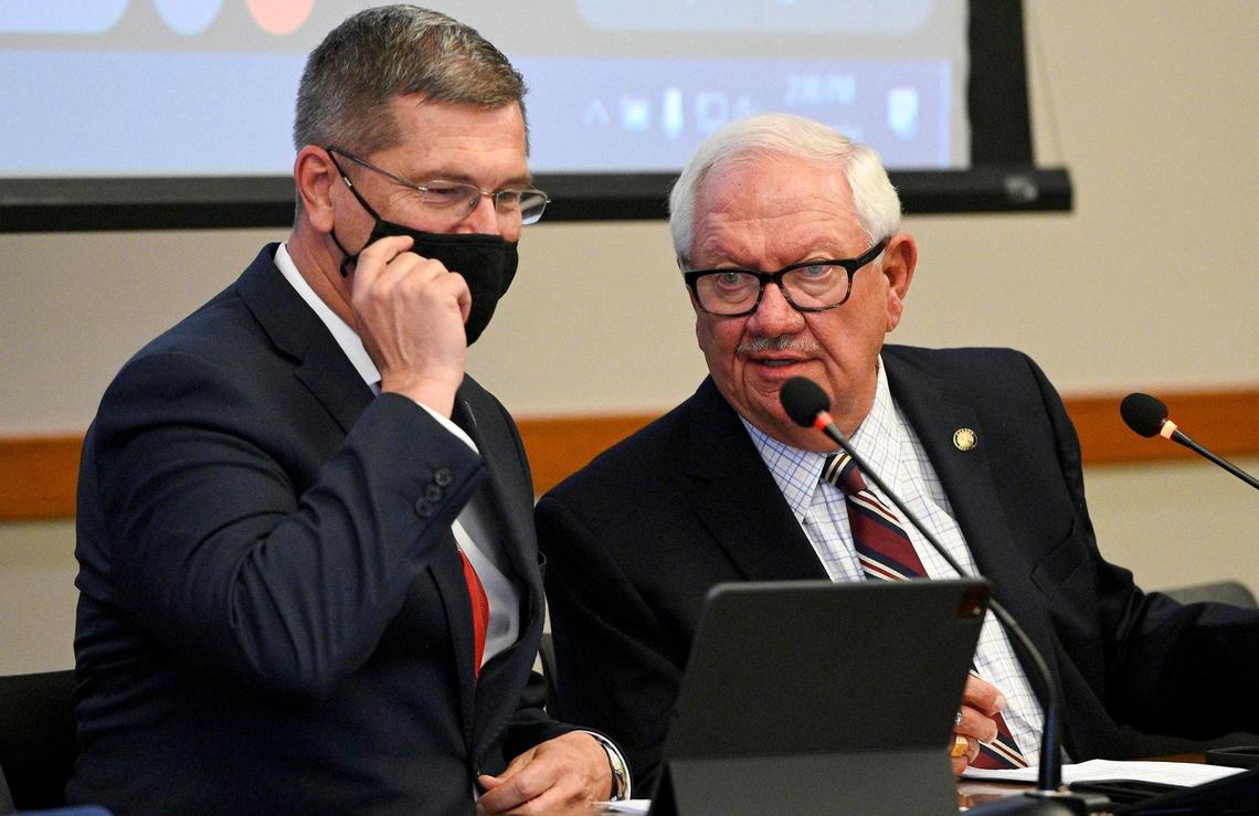 Kansas state representative Chris Croft, left, and Rick Wilborn, Senate vice president, talk before the start of a town hall on redistricting at the Matt Ross Community Center in Overland Park Thursday, Aug. 12, 2021. The legislators scheduled 14 town halls across the state as part of a “listening tour” intended to get public input on the upcoming process of redistricting state and Congressional districts. This was their only Johnson County stop. Croft is the vice chairman of the redistricting committee, and Wilborn is chairman.