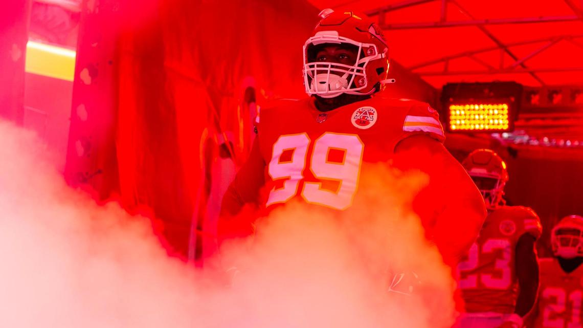 Kansas City Chiefs defensive tackle Khalen Saunders (99) stands in the team tunnel during player introductions before an NFL football game against the Los Angeles Rams at Arrowhead Stadium on Sunday, Nov. 27, 2022 in Kansas City.
