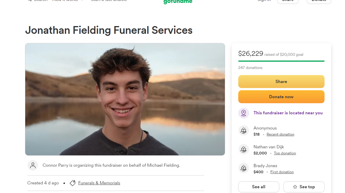 Jonathan Fielding, 19, originally from Blue Springs, died Jan. 27 while hiking and taking photos at a canyon overlook in Utah, area news stations reported.