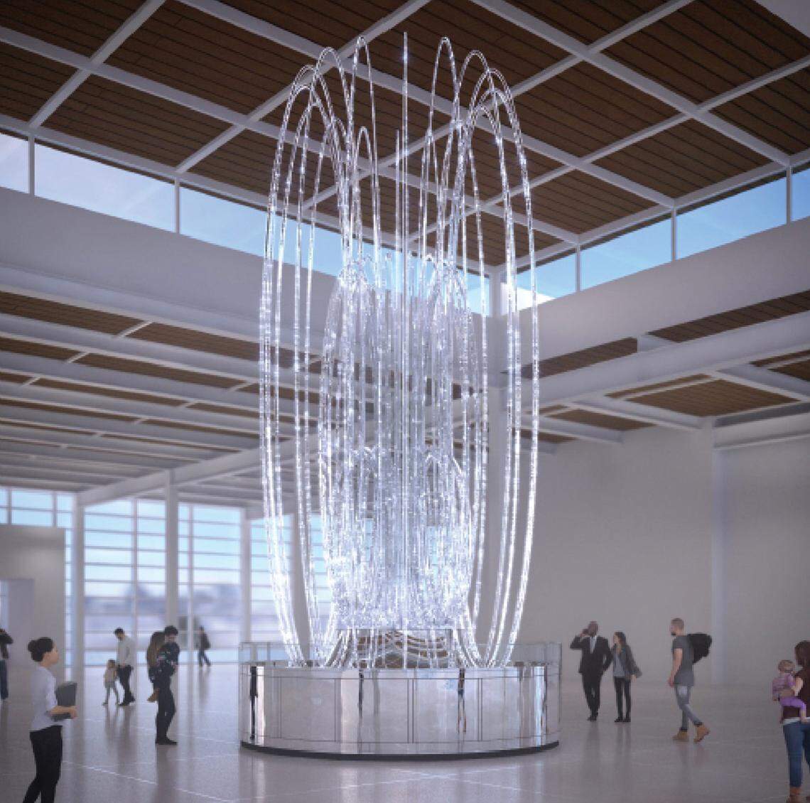 Paying homage to Kansas City’s legacy as The City of Fountains, “Fountain (KCI)” by Leo Villareal will give the new terminal an indoors fountain. But rather than water, it uses light. The fountain will be located where the Retail Node A intersects with the connector.