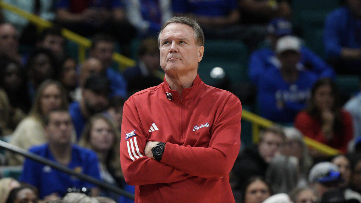 Head coach Bill Self of the Kansas Jayhawks looks on against the Notre Dame Fighting Irish in the second half of their game during the Players Era Championship basketball tournament at Grand Garden Arena on November 24, 2025 in Las Vegas, Nevada.