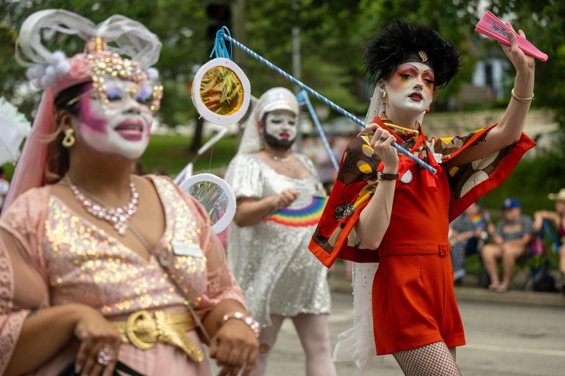Members of the City of Fountain Sisters, a modern order of 21st century queer nuns, walk in the KC Pride Parade,