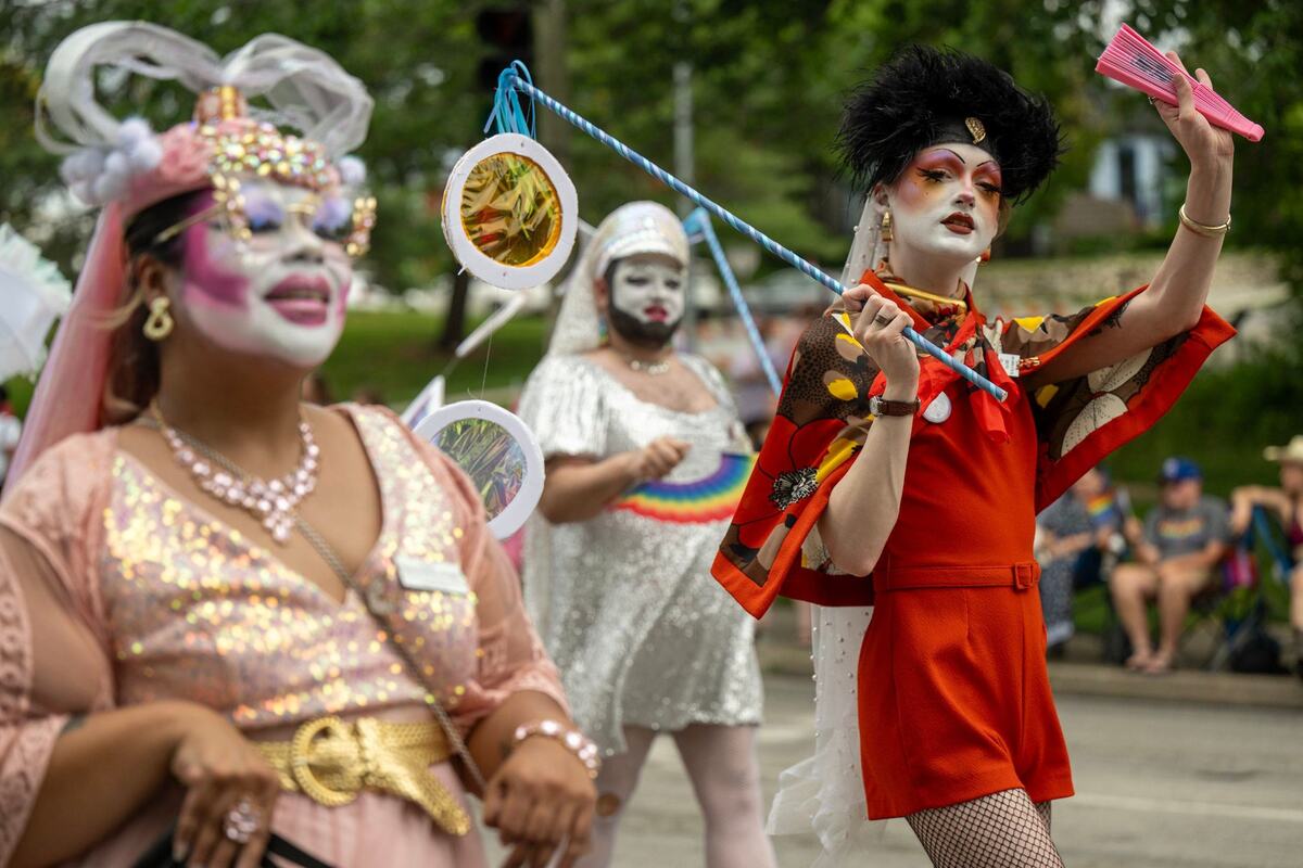 Members of the City of Fountain Sisters, a modern order of 21st century queer nuns, walk in the KC Pride Parade,