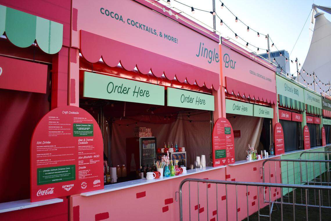 The outdoor “Jingle Bar” serves alcoholic and non-alcoholic hot and cold drinks at the Hallmark Christmas Experience, which free to attend, with some ticketed events and experiences.
