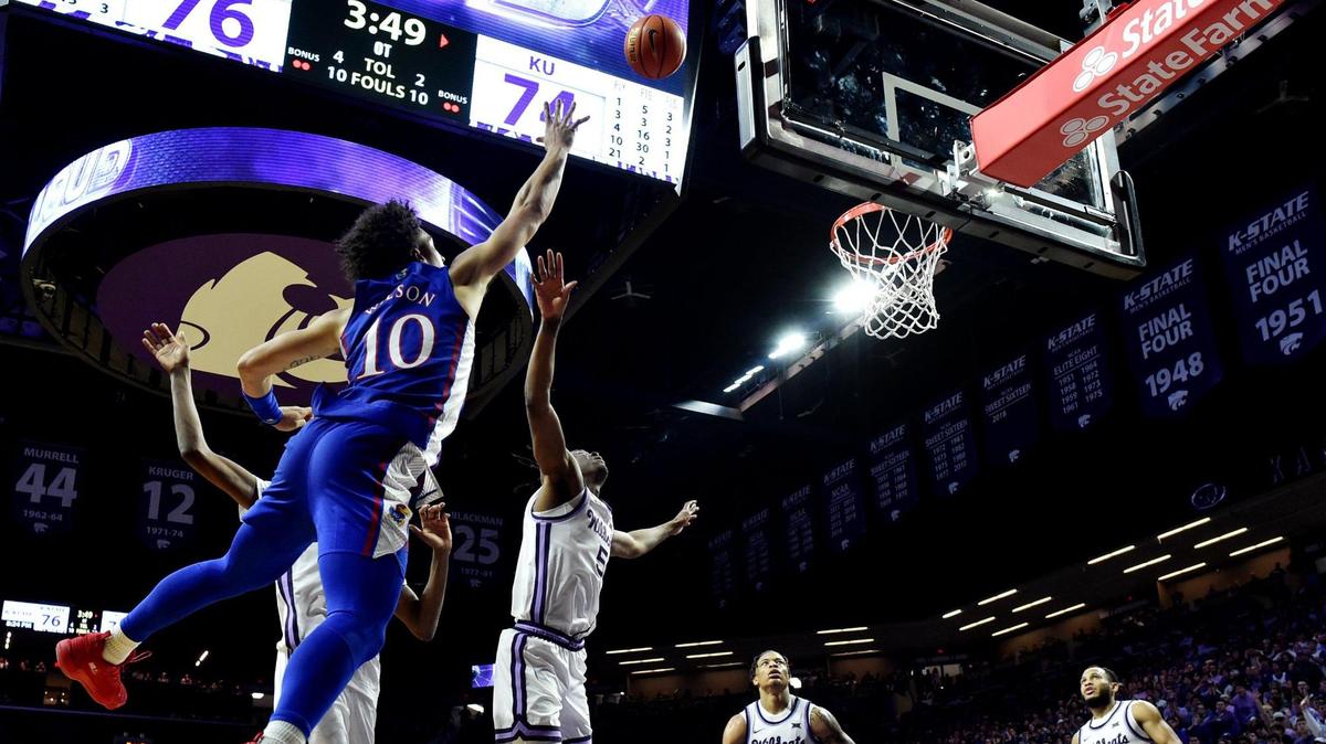 KU’s Jalen Wilson puts up a shot during the second half of a Big 12 Conference game at Bramlage Coliseum on Jan. 17, 2023. KSU beat KU 83-82 in overtime.