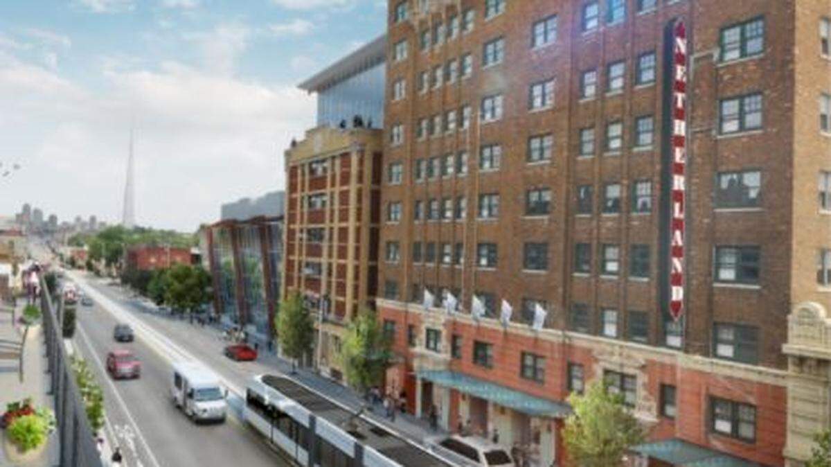 A rendering of a planned redevelopment project shows the former Hawthorn building becoming the Netherland, part of a $50 million project that would create 144 apartment units near 39th and Main streets.