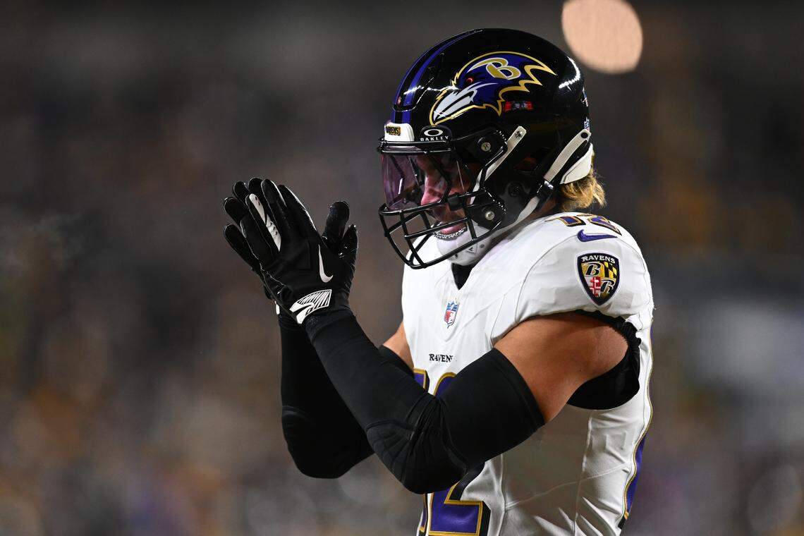 Alohi Gilman #12 of the Baltimore Ravens reacts during the first quarter against the Pittsburgh Steelers at Acrisure Stadium on January 4, 2026 in Pittsburgh.
