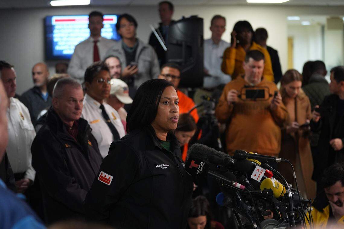 Washington D.C. Mayor Muriel Bowser addresses the media on Jan. 30, 2025, after American Eagle flight 5342 collided with a Black Hawk helicopter while approaching Ronald Reagan Washington National Airport and crashed into the Potomac River on Jan. 29, 2025.