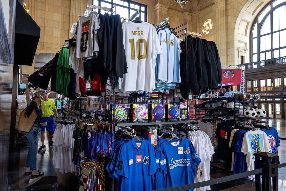 FIFA World Cup merchandise is displayed for sale at the Rally House inside Union Station on Tuesday, June 9, 2026, in Kansas City.