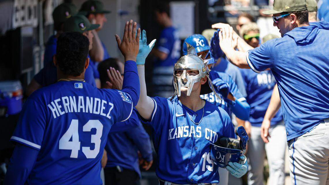 Kansas City Royals second baseman Michael Massey (19) celebrates with after hitting a two run home run against the Chicago White Sox during the second inning at Guaranteed Rate Field.