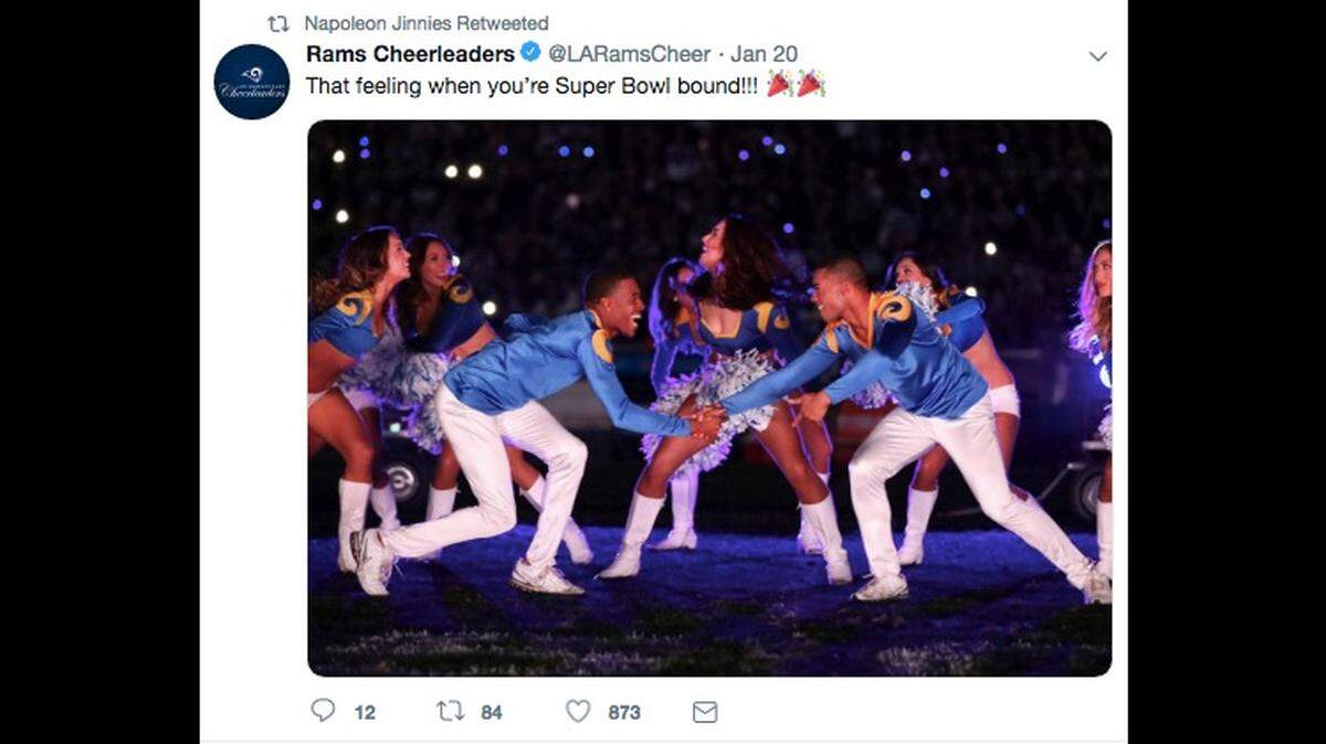 Quinton Peron and Napoleon Jinnies, two of the first three male cheerleaders in the NFL, will become the first male cheerleaders to appear at a Super Bowl. They cheer for the LA Rams, who will face the New England Patriots on Feb. 3. (Twitter, Rams Cheerleaders)