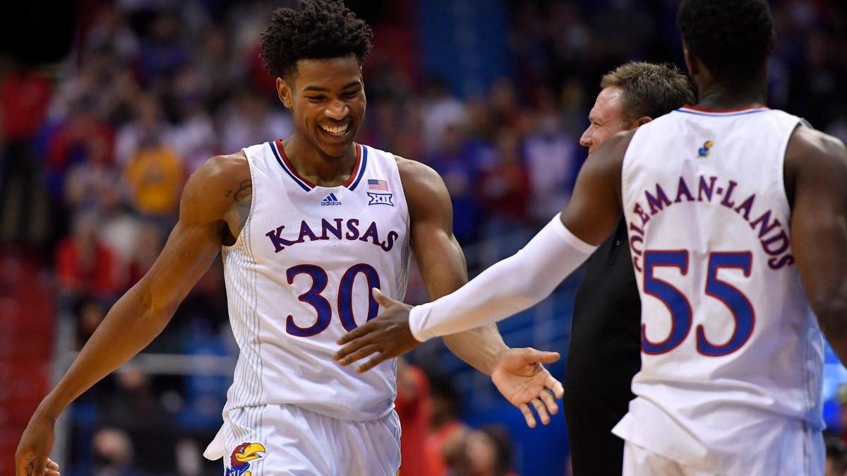 KU’s Ochai Agbaji (left) poured in a game-high 25 points in the Jayhawks’ 88-59 win over Stony Brook at Allen Fieldhouse in November.