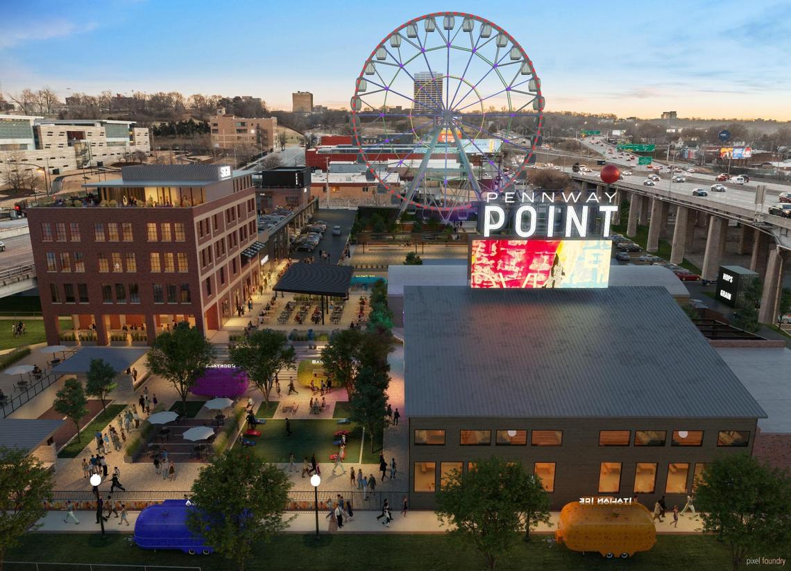 This artist’s rendering of Pennway Point shows the 150-foot tall Ferris wheel and the nearly 6-acre entertainment district being developed by 3D Development of Kansas City.