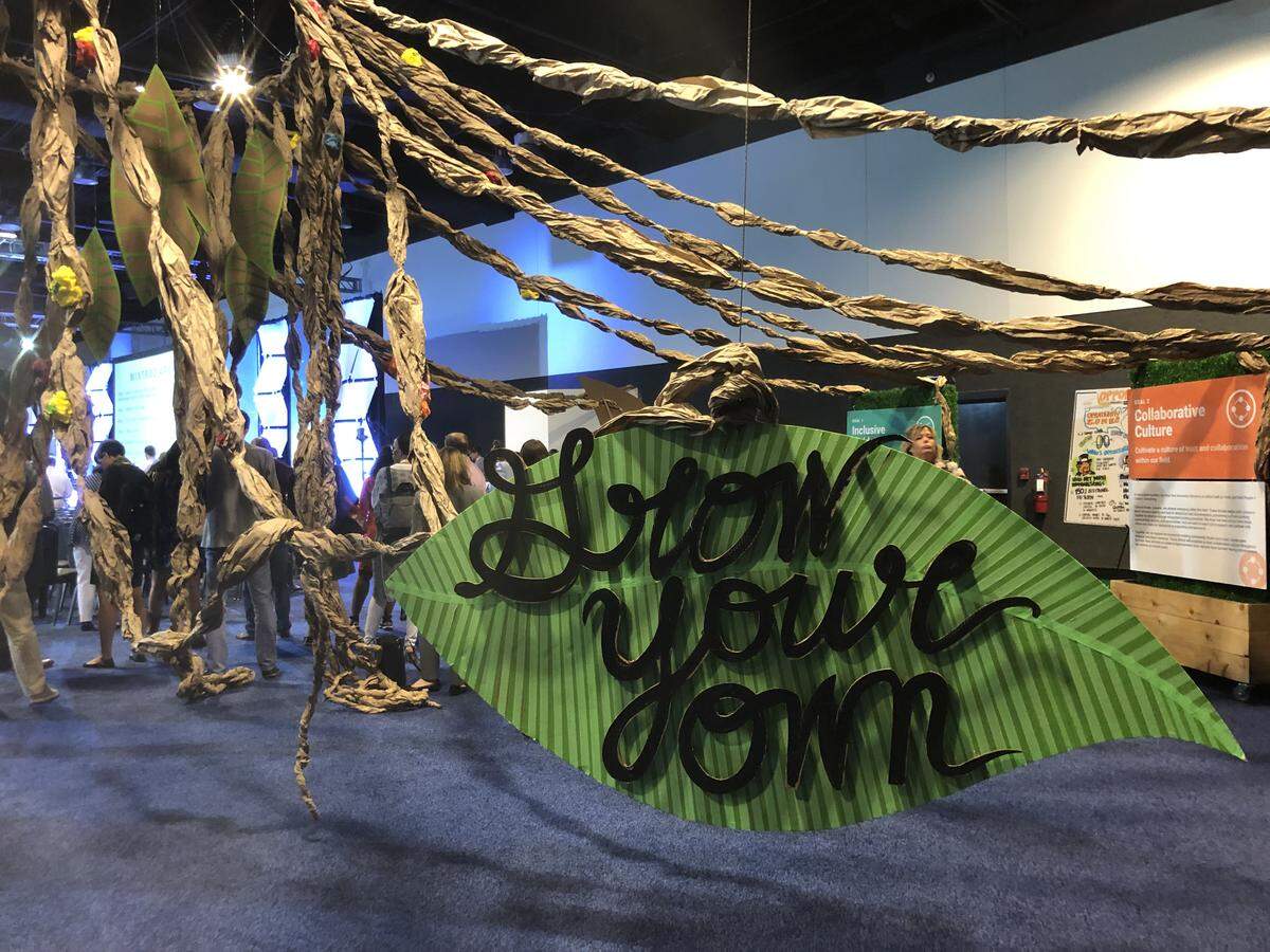 The ESHIP Summit’s main conference room at the Sheraton Kansas City Hotel at Crown Center featured an art installation made of paper that expressed the “grow your own” entrepreneurial spirit of the conference.
