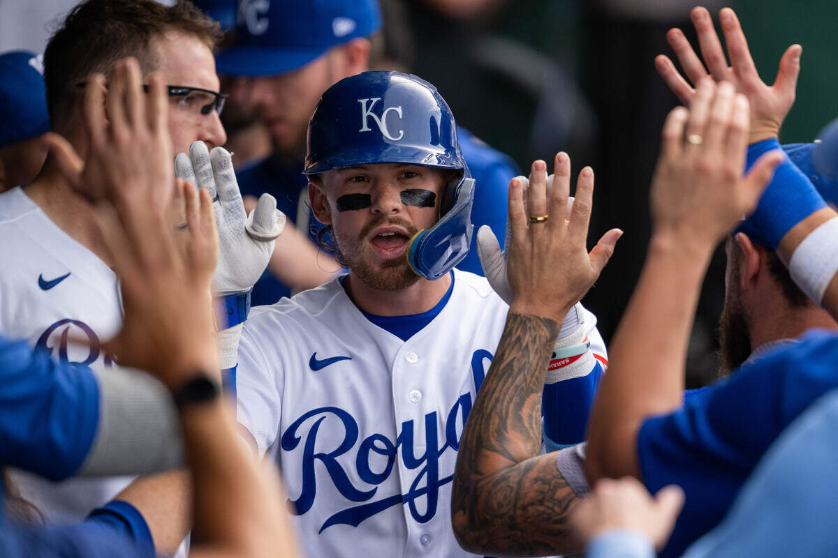 Royals shortstop Bobby Witt Jr. celebrates in the dugout after hitting a home run during KC’s 14-6 win against the St. Louis Cardinals at Kauffman Stadium in Kansas City on Thursday, June 18, 2026.