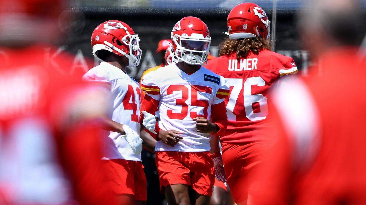 Defensive back Jaylen Watson (No. 35) participates in the Kansas City Chiefs’ rookie minicamp at the team’s training facility earlier this month.