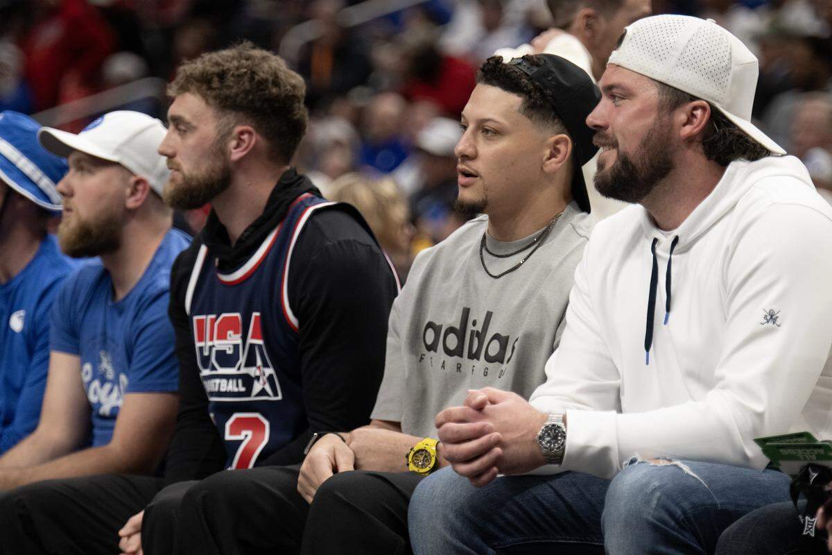 Patrick Mahomes was on hand for the BYU-West Virginia game during the first half of the Big 12 Men's Basketball Tournament at T-Mobile Center on Wednesday, March 11, 2026, in Kansas City.