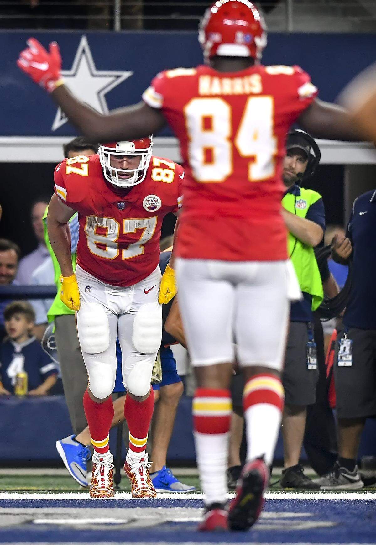 In an era of highly scripted touchdown celebrations, Kansas City Chiefs tight end Travis Kelce began his sack-race celebration after a third quarter touchdown against the Dallas Cowboys on November 5, 2017, at AT&T Stadium in Arlington, Texas. 