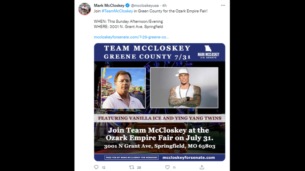 A political advertisement shared by Republican Mark McCloskey’s U.S. Senate campaign features a photograph of Vanilla Ice and information about the artist’s upcoming show. Managers for the rapper say Vanilla Ice does not approve of his show being advertised in this way.