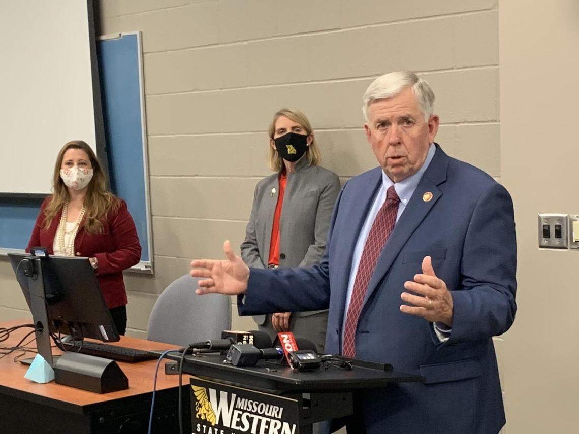Missouri Gov. Mike Parson speaks to reporters on Tuesday after leaving isolation. Parson tested positive for the coronavirus in September.