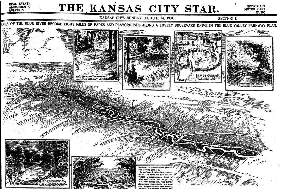 Article and illustrations highlighting attractions of the proposed Blue Valley Parkway project. The Kansas City Star, August 24, 1930. ​