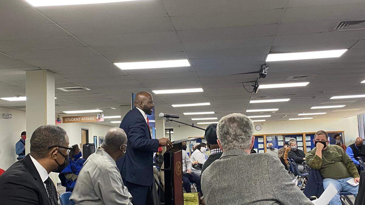 Wyandotte County District Attorney Mark Dupree speaks at Kansas City, Kansas Community College on why he supports establishing a public defender’s office in the county. The county does not have a public defender’s office, and instead people accused of crimes are given court-appointed attorneys.