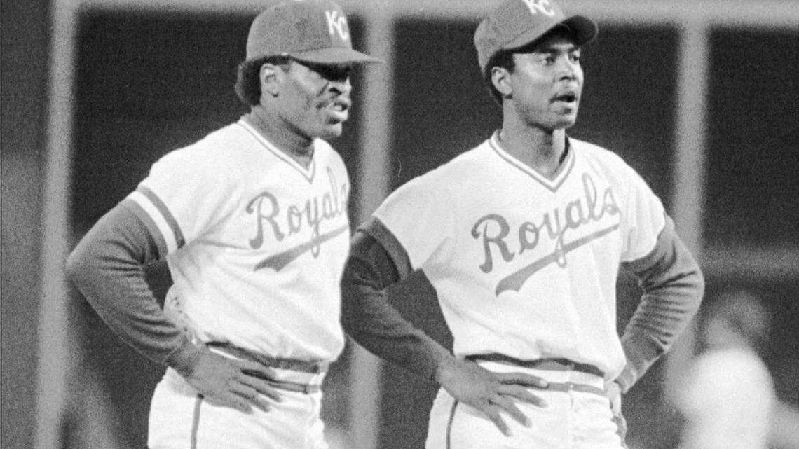 During a break in a game against the Baltimore Orioles at Royals Stadium in the early 1980’s, Frank White visited with teammate U.L. Washington.