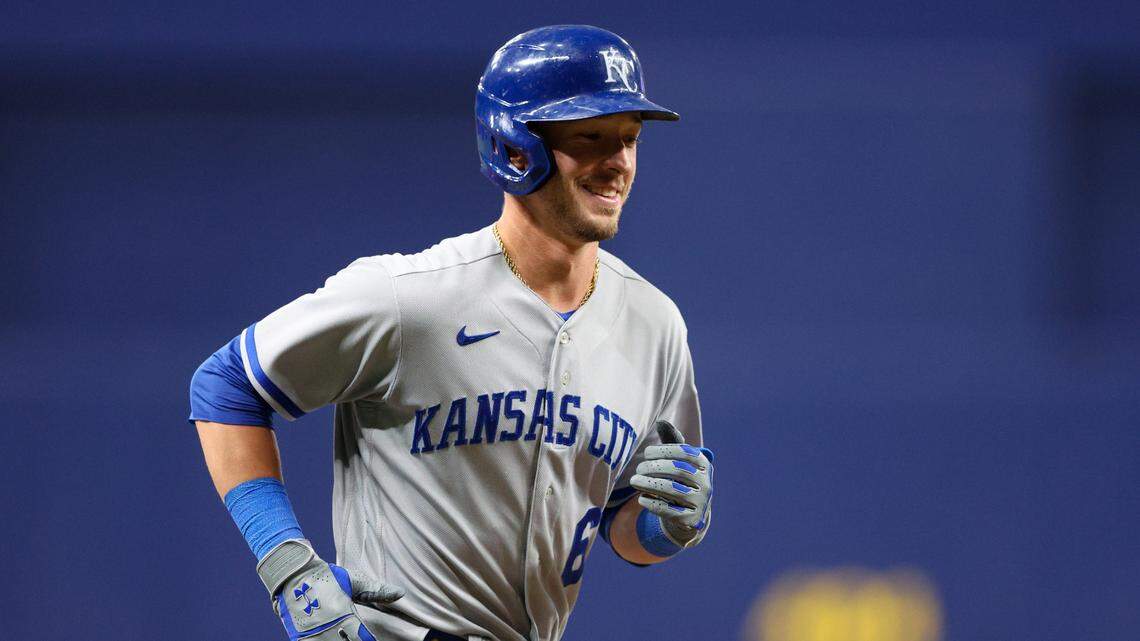 Kansas City Royals center fielder Drew Waters (6) runs the bases after hitting a solo home run against the Tampa Bay Rays in the seventh inning at Tropicana Field on June 22, 2023.
