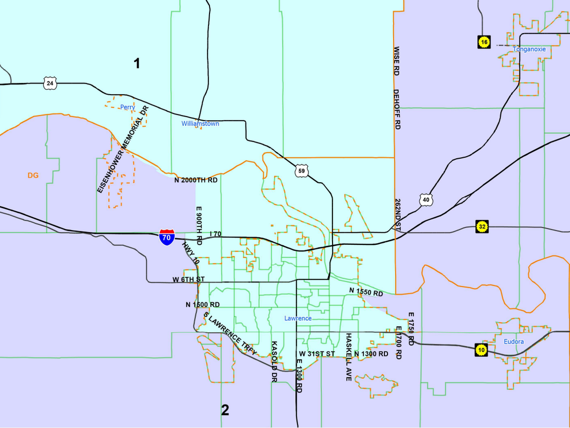 Lawrence as it appears in Republican-led ad astra congressional redistricting map. The map would move Lawrence into the 1st congressional district while leaving the surrounding area in the 2nd district.