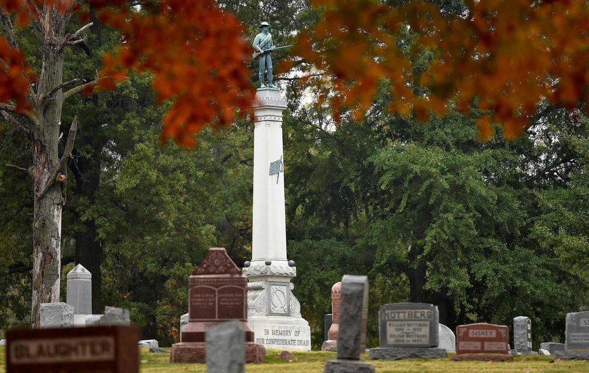 A monument to Confederate soldiers who died in the Battle of Westport was erected by the Kansas City chapter of the United Daughters of the Confederacy at Forest Hill & Calvary Cemetery in 1902. Since it’s on a private plot, cemetery officials say they cannot remove it.