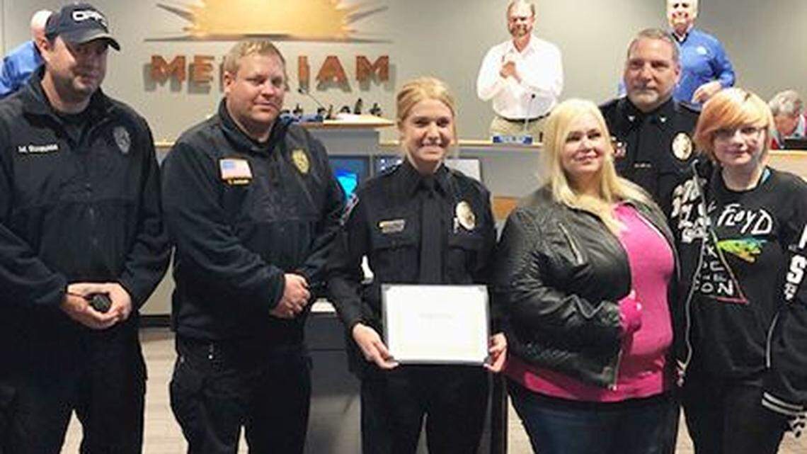 Merriam Police Officer April Gebke (center) was recognized at the January City Council meeting.