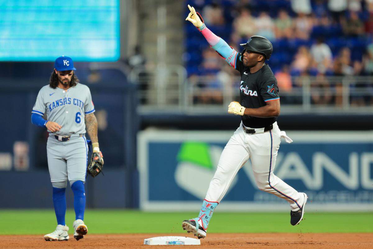 Marlins outfielder Jesus Sanchez rounds the bases after homering off Kansas City Royals starting pitcher Seth Lugo during the first inning of a Major League Baseball game at LoanDepot Park in Miami on Friday, July 18, 2025.