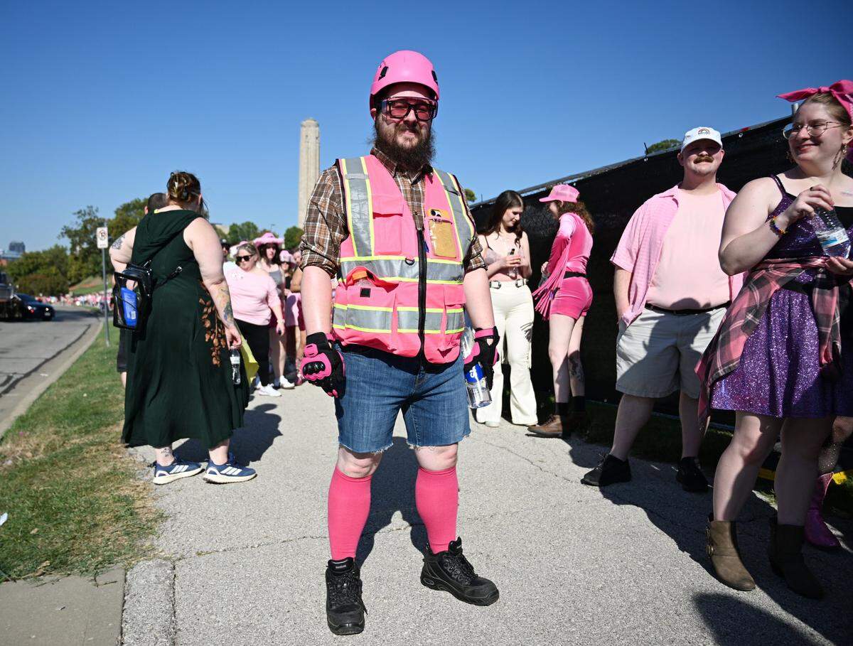 Mat Fitzpatrick, Des Moines, showed out his pink attire before the Chappell Roan concert on Saturday, Oct. 4, 2025, at the National WWI Museum and Memorial in Kansas City.