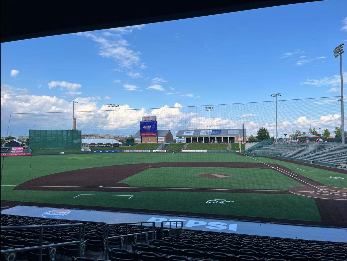A view from behind the visiting team’s dugout from the concourse at Legends Field, 1800 Village West Parkway in Kansas City, Kansas.