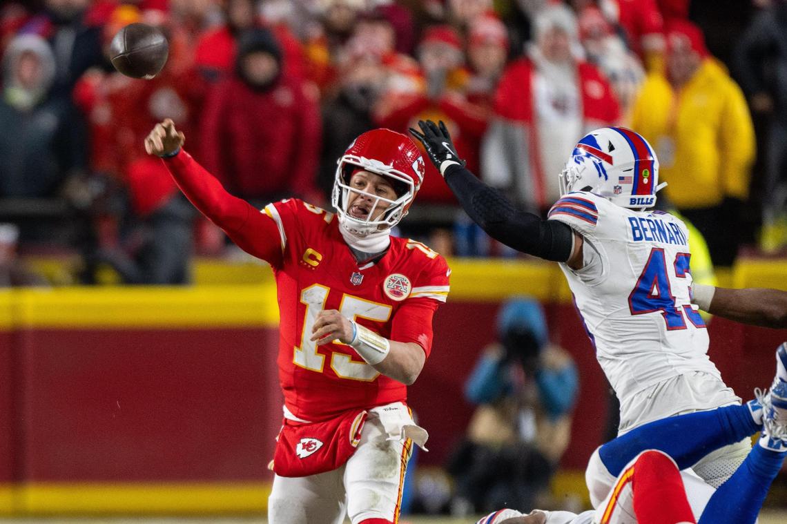 Kansas City Chiefs quarterback Patrick Mahomes throws a pass from the pocket late in the second half of the AFC Championship Game on Sunday, Jan. 26, 2025, at GEHA Field at Arrowhead Stadium.