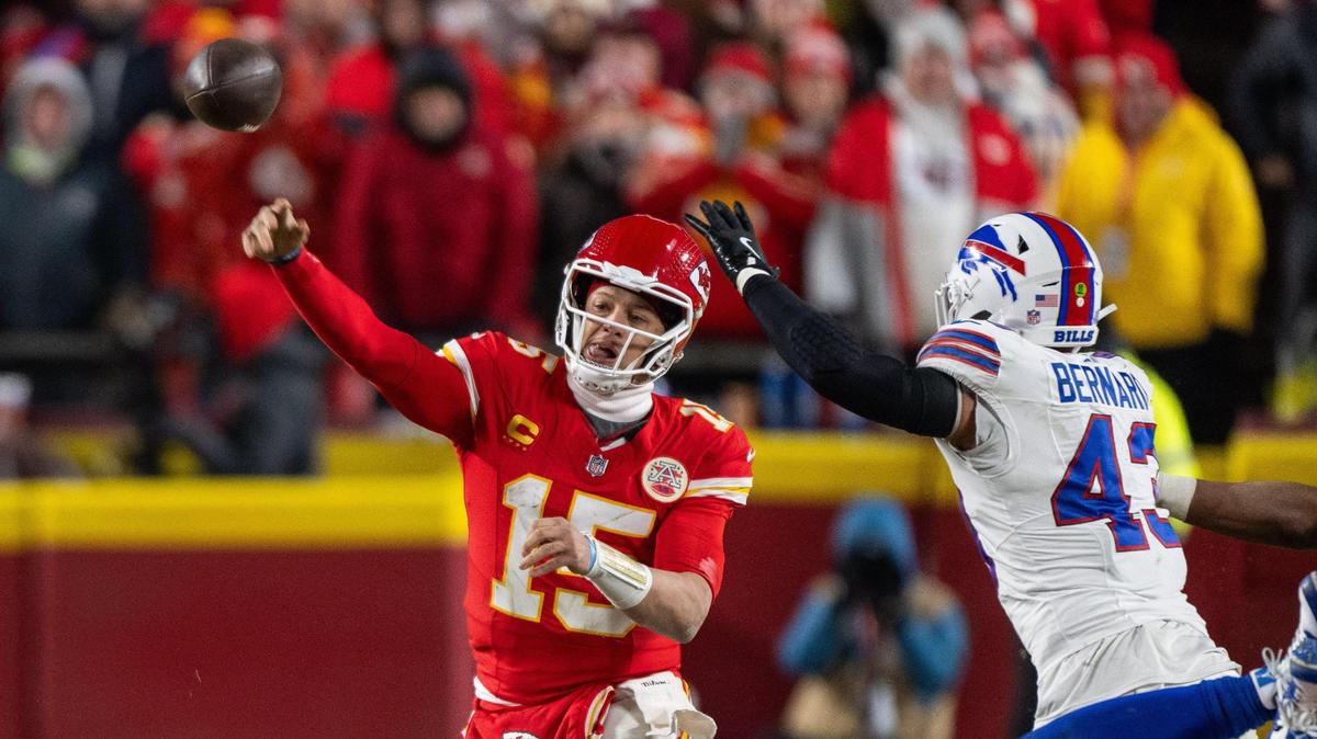 Kansas City Chiefs quarterback Patrick Mahomes throws a pass from the pocket late in the second half of the AFC Championship Game on Sunday, Jan. 26, 2025, at GEHA Field at Arrowhead Stadium.