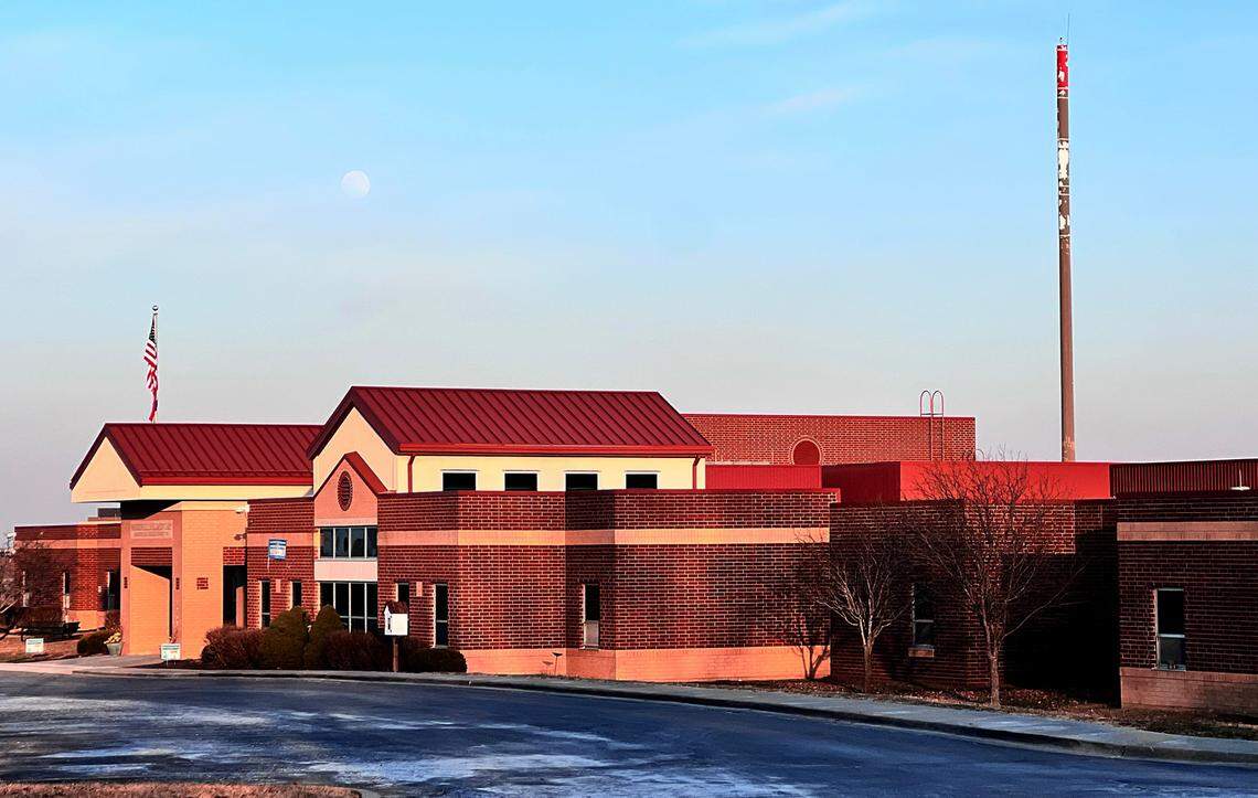 Warren Hills Elementary School in Liberty. A cellular antenna stands very close to the school building.